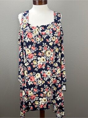 NWT Marina Navy Floral Long Sleeve Cold Shoulder Blouse Top SZ 2X Pointed Sides